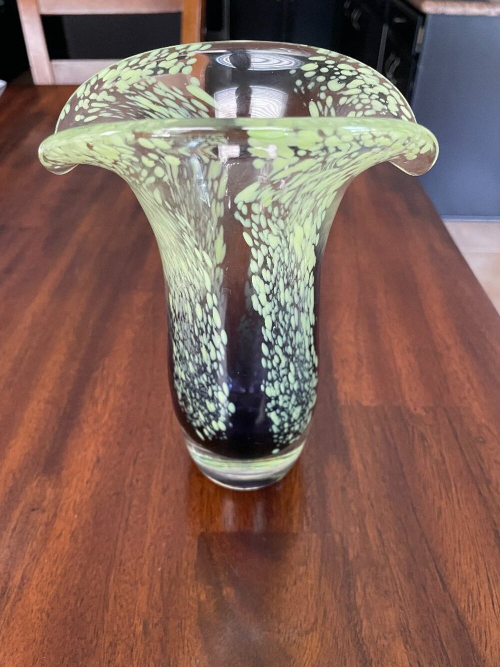 Purple lime green speckled Teleflora Vintage Hand Blown Art Glass Vase 8"